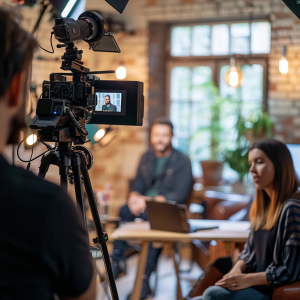 Professionelle Video-Produktionscrew arbeitet an einer modernen Filmset-Umgebung mit Kameraausrüstung und Beleuchtung, repräsentativ für die Dienstleistungen von AerialPeople.net.